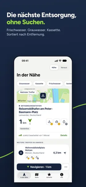 Die Ansicht „In der Nähe": oben die nächste Entsorgungsstation mit Entfernung und Richtungspfeil, darunter weitere Treffer im Umkreis, dazu Filter für Grauwasser, Kassette und Frischwasser.