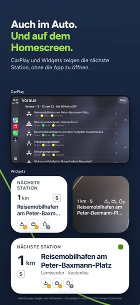 Dieselben Stationen im CarPlay-Display in Fahrtrichtung und als Widget auf dem Sperrbildschirm, jeweils mit Entfernung.