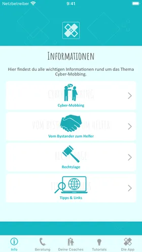Informationsübersicht mit den Themen Cyber-Mobbing, Vom Bystander zum Helfer, Rechtslage sowie Tipps und Links.