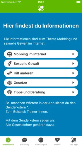 Dieselbe Informationsseite in Leichter Sprache: kurze Sätze, große Schaltflächen und eine Erklärung des Gender-Sterns.