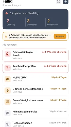 Übersicht der anstehenden Wartungen, nach Fälligkeit sortiert.