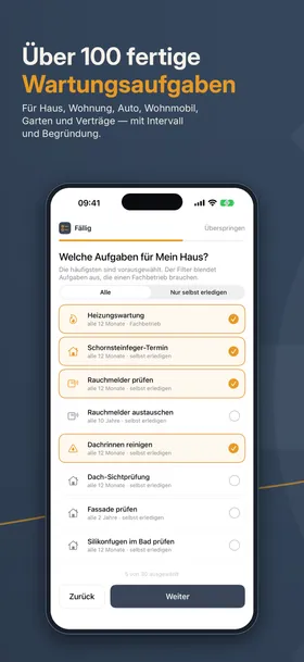 Auswahl aus über 100 fertigen Wartungsaufgaben, jeweils mit Intervall und dem Hinweis, ob ein Fachbetrieb nötig ist.