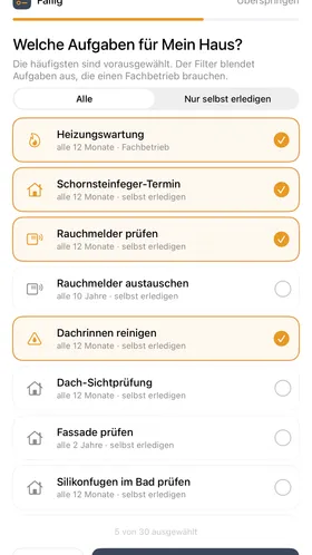 Vorlagenbibliothek mit vorbereiteten Wartungsintervallen für Haus, Auto und Garten.