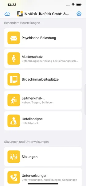 Besondere Beurteilungen wie psychische Belastung, Mutterschutz und Bildschirmarbeitsplätze, darunter Sitzungen und Unterweisungen.