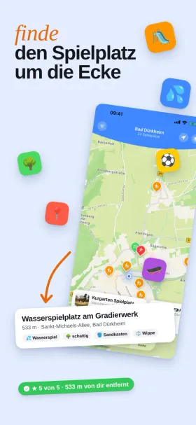 Die Karte mit den Spielplätzen der Umgebung, darunter die Karte eines Wasserspielplatzes mit Entfernung, Adresse und Ausstattung.