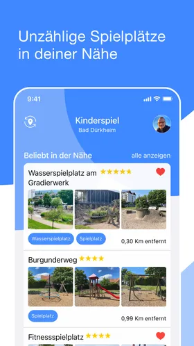 Liste der Spielplätze in der Nähe, jeweils mit Fotos, Bewertung und Entfernung in Kilometern.