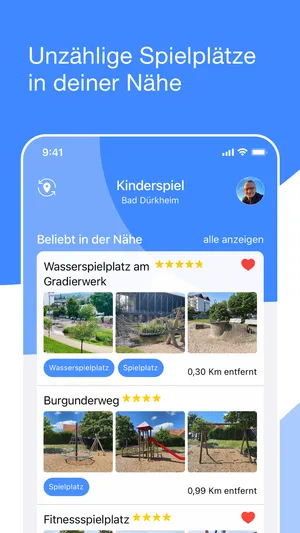Liste der Spielplätze in der Nähe, jeweils mit Fotos, Bewertung und Entfernung in Kilometern.