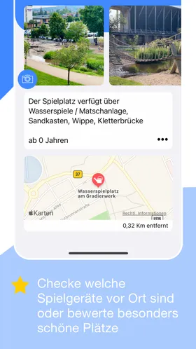 Detailansicht eines Spielplatzes: Fotos, die vorhandenen Spielgeräte, Altersangabe und die Lage auf der Karte.
