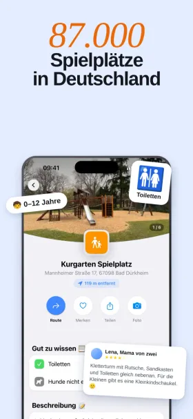 Die Detailseite eines Spielplatzes mit Foto, Altersangabe, Ausstattung und der Bewertung einer anderen Nutzerin.